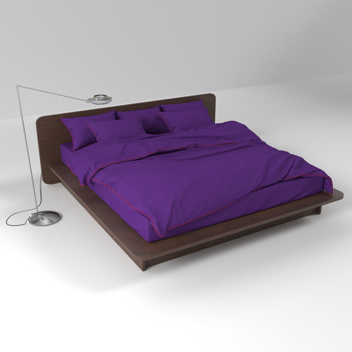 BUTTIA premium purple bed linen made of natural cotton with decorative red edge finish.