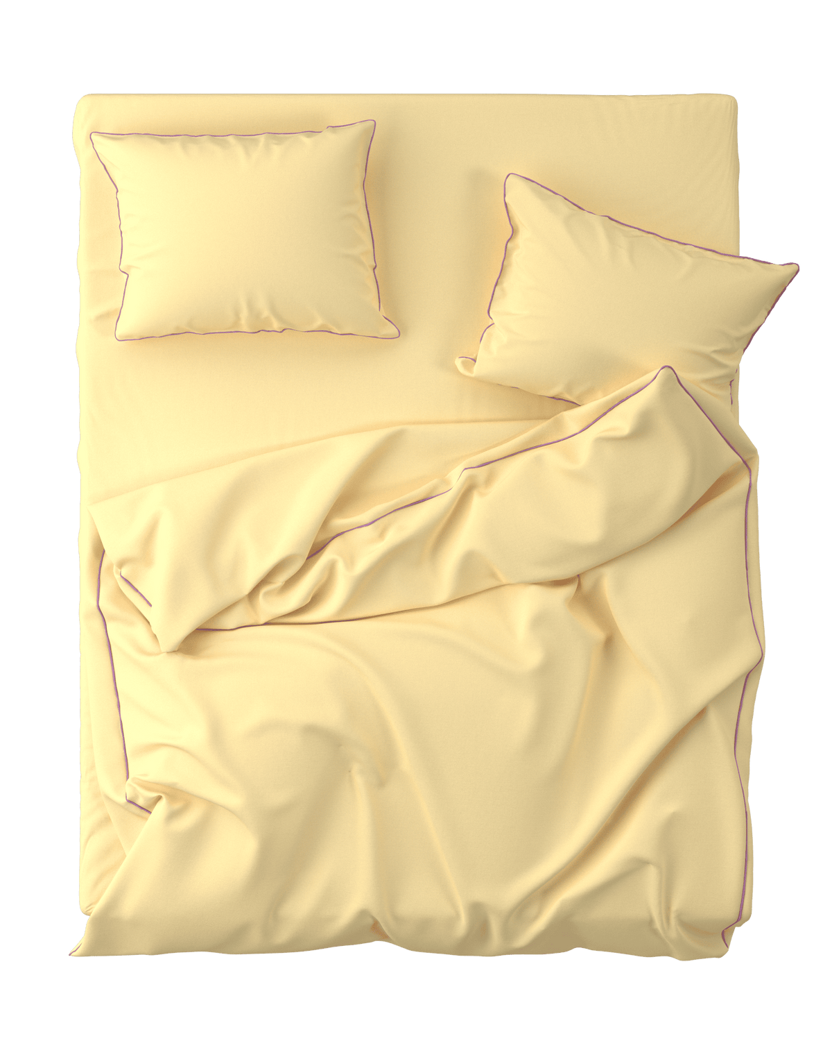 Yellow bedding set with two pillows on a bed against a green background
