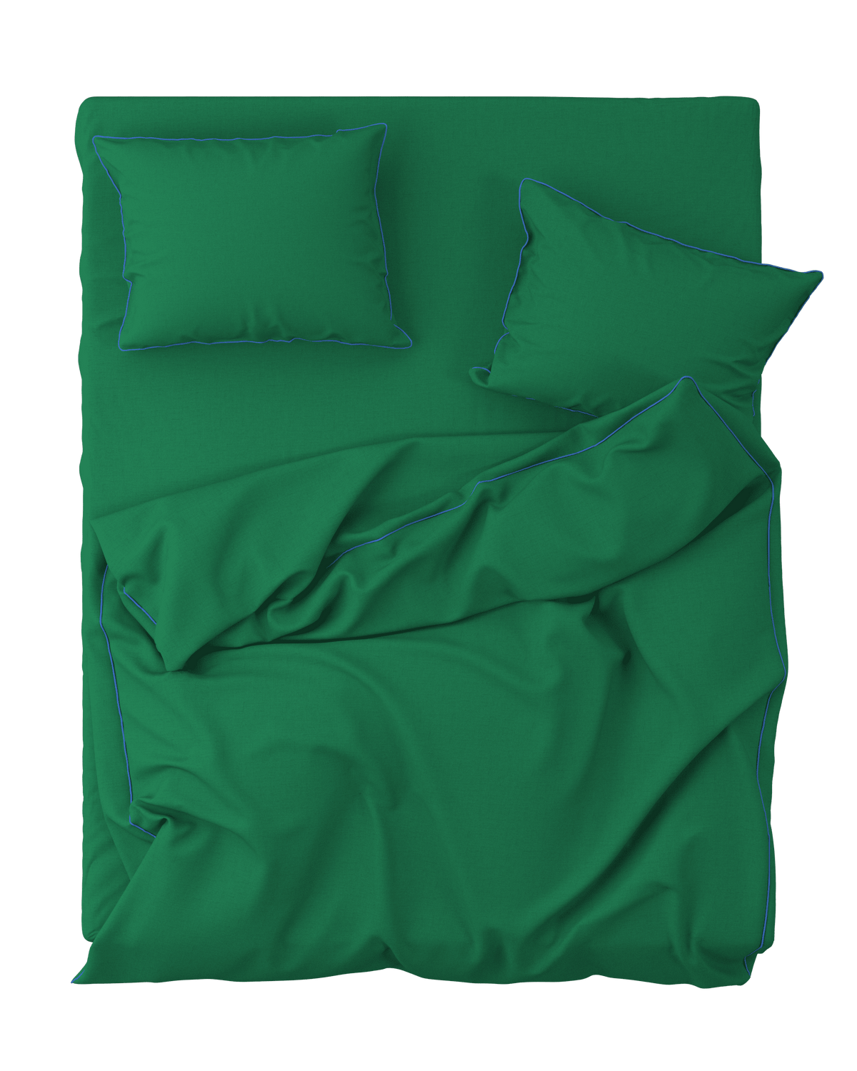 Green bedsheets from BUTTIA with blue piping details, made of high quality natural cotton fabric.