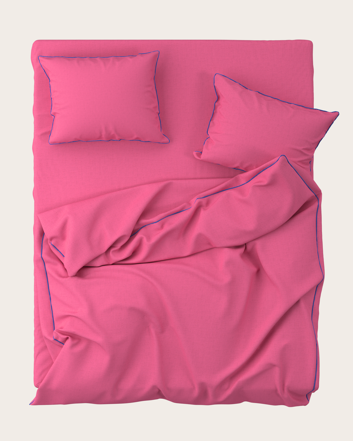 Pink bedding set with purple piping on a white background