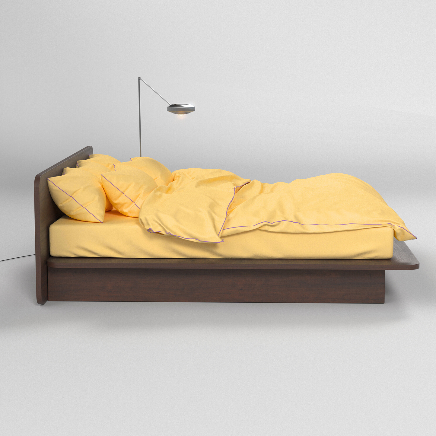 BUTTIA yellow bed linen set with a contrast lavender edge on the duvet cover and pillowcases.