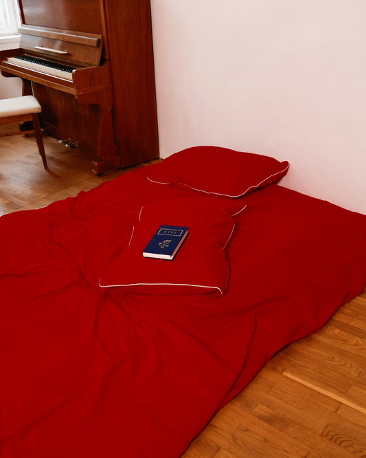 Aesthetic red linen bedding set for a modern home interior style.