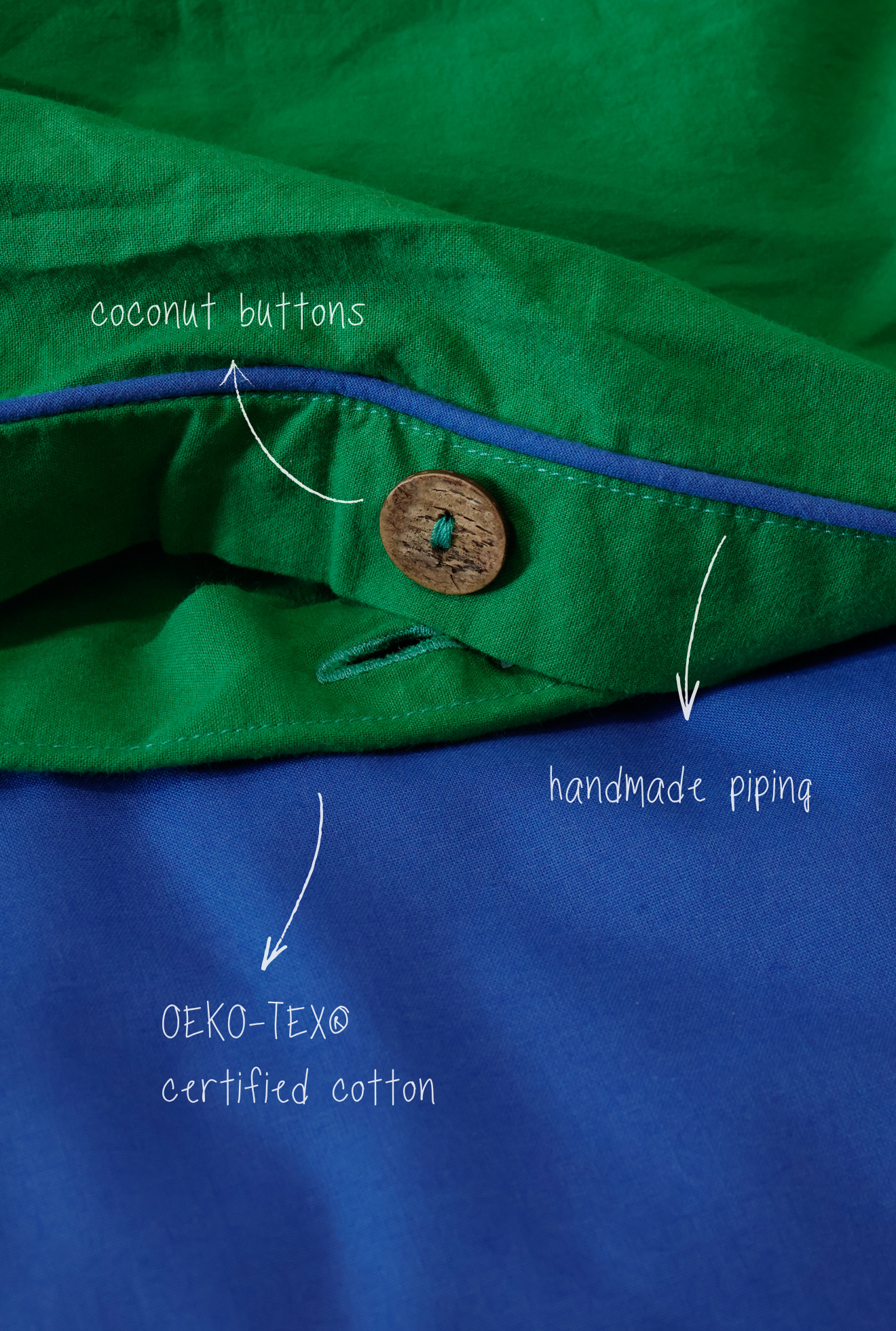 Close-up of green and blue fabric with coconut buttons, handmade piping, and OEKO-TEX certified cotton text.