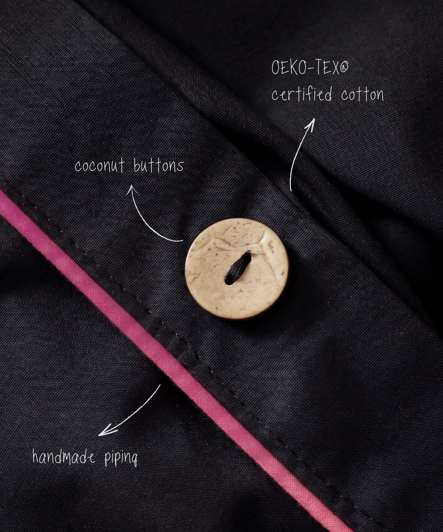 Close-up of a black garment with a coconut button, OEKO-TEX certified cotton text, and pink piping.