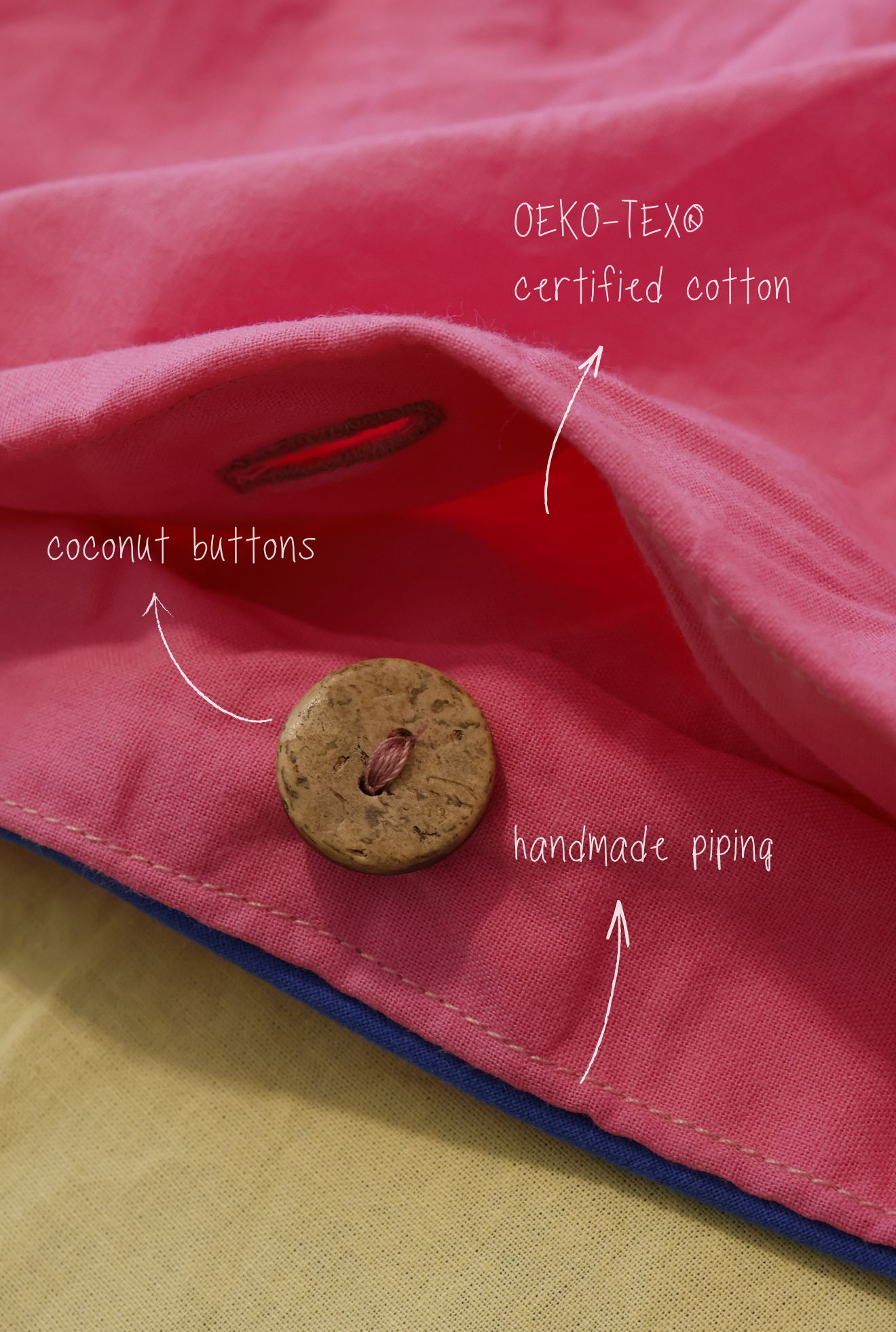Close-up of pink fabric with coconut button and text indicating OEKO-TEX certified cotton and handmade piping.