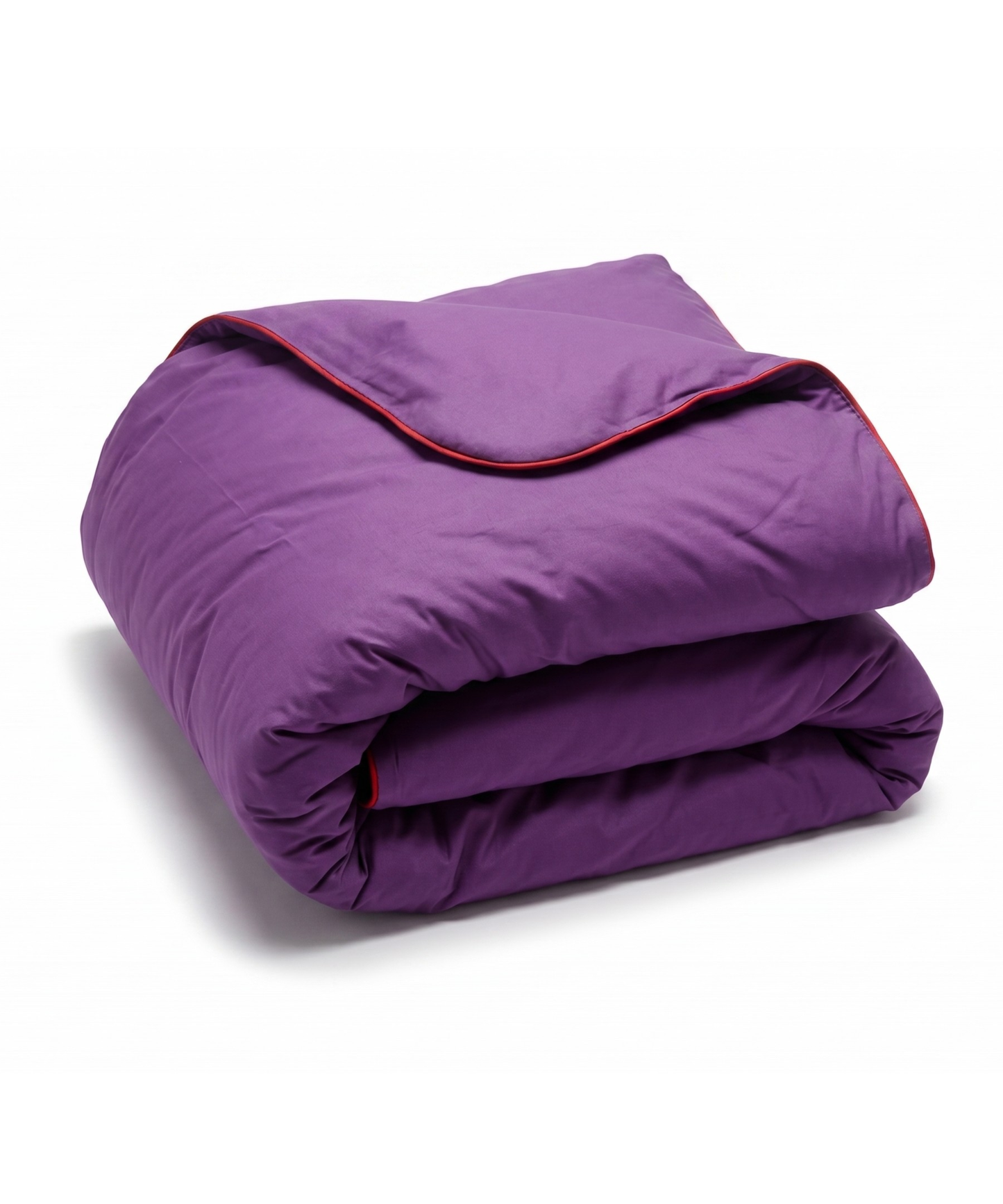 A folded purple quilted comforter with a thin red piping trim along the edge, shown on a clean white background.