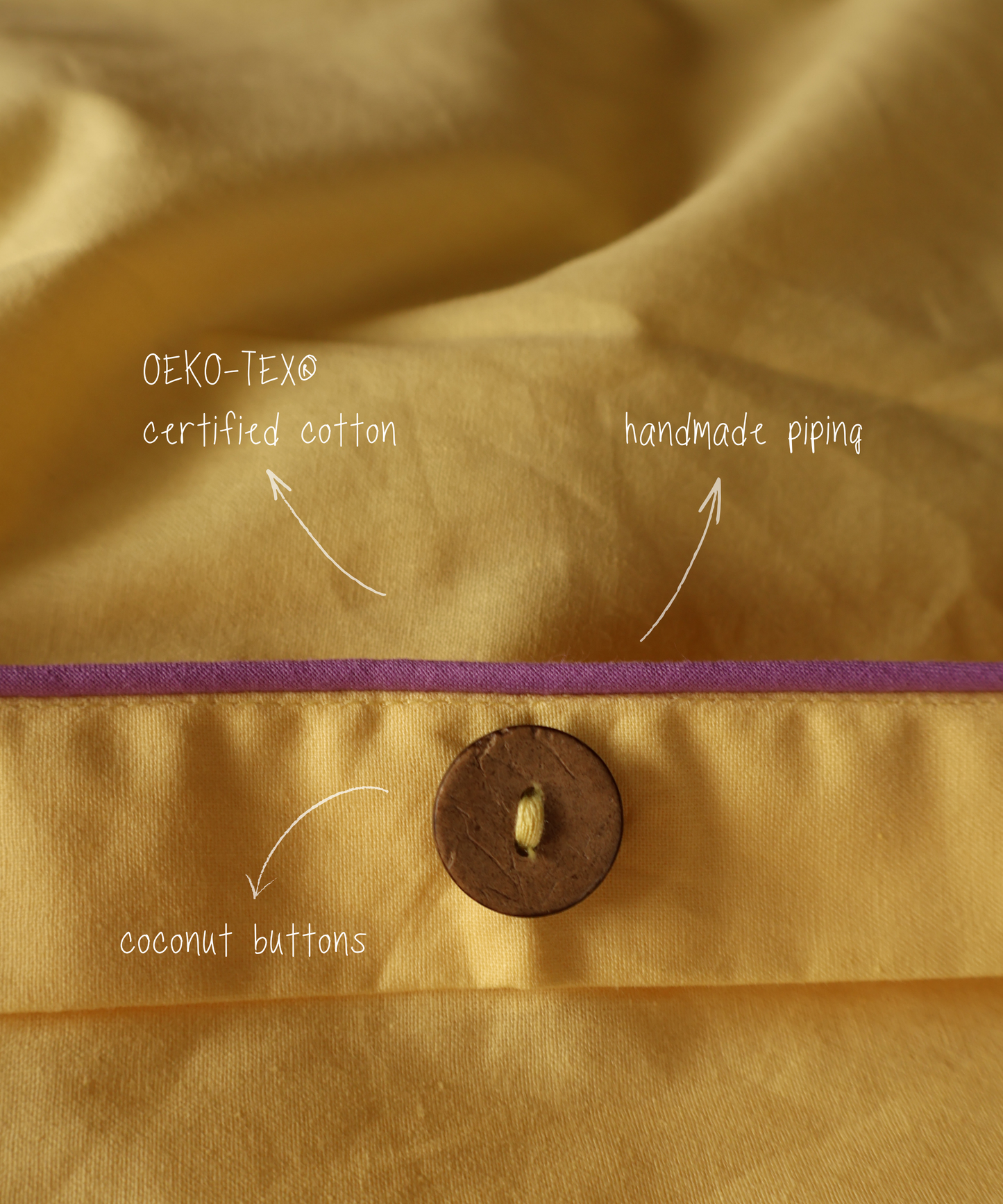 Close-up of a BUTTIA fabric with coconut buttons, OEKO-TEX certified cotton, and handmade piping 