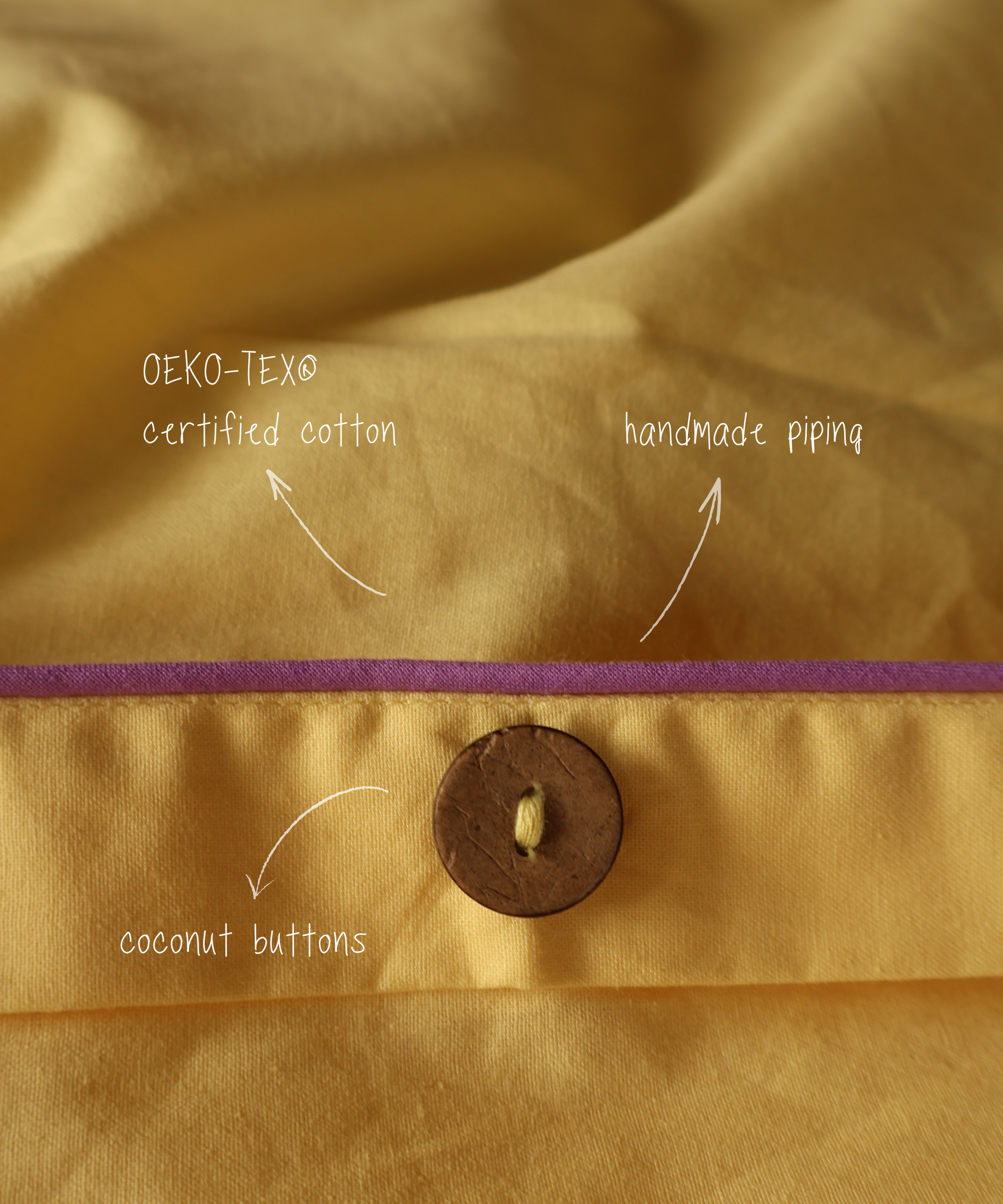 Close-up of a BUTTIA fabric with coconut buttons, OEKO-TEX certified cotton, and handmade piping 