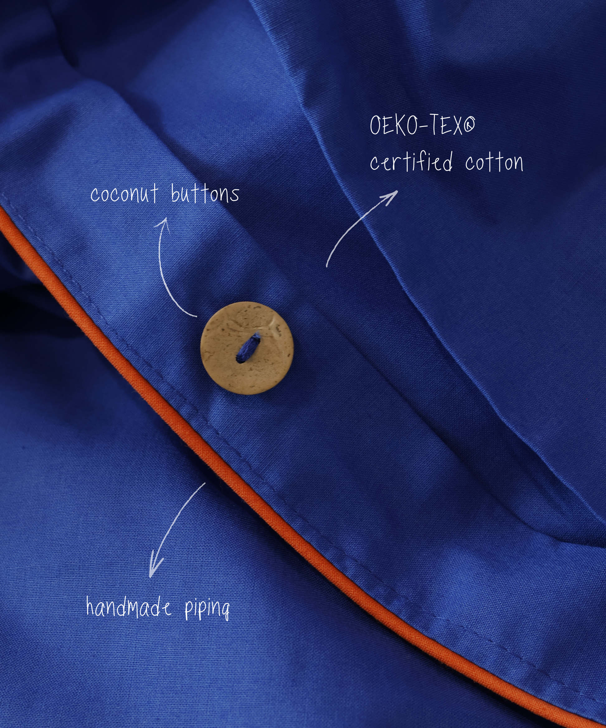 Close-up of blue fabric with coconut button, OEKO-TEX certified cotton, and handmade piping.