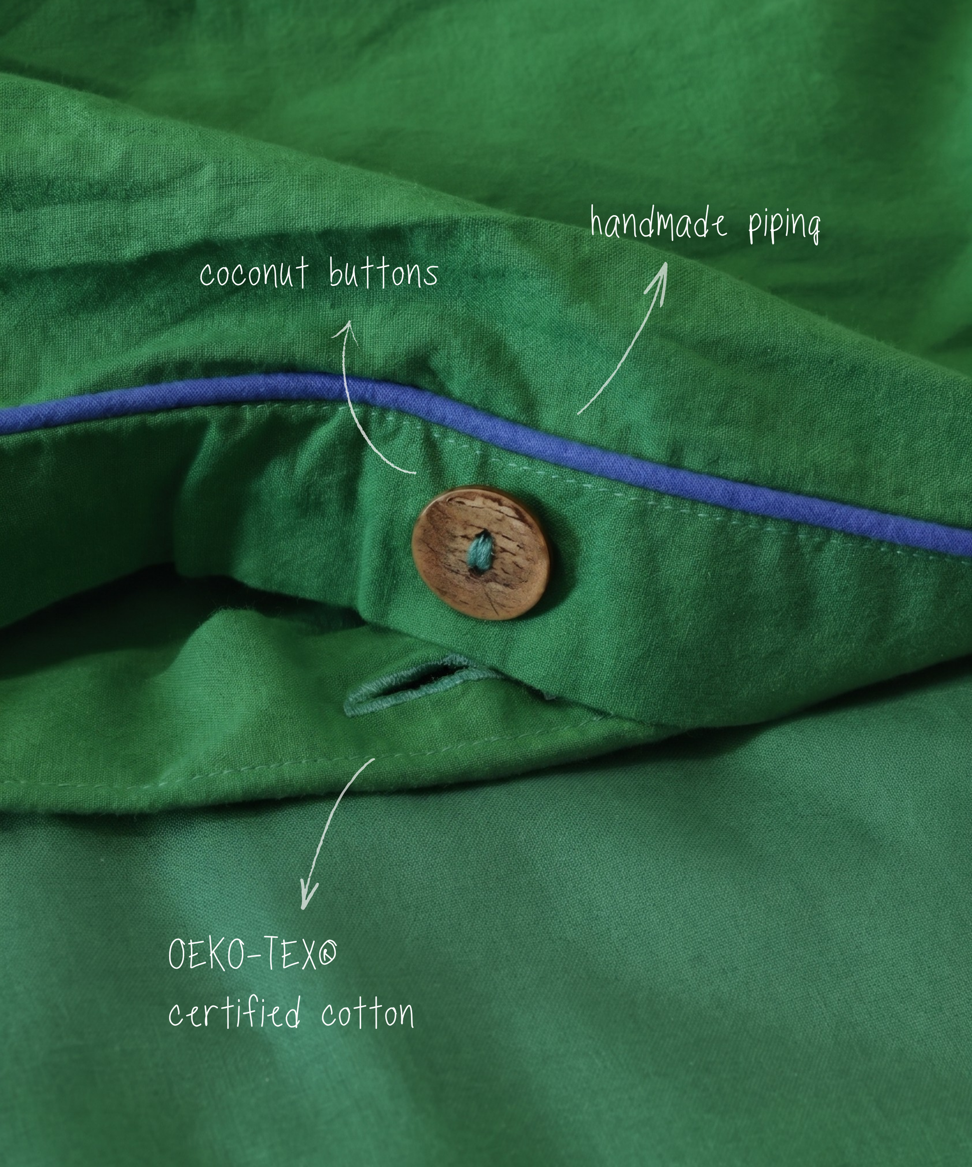 Green fabric with coconut buttons, blue piping, and OEKO-TEX certified cotton text.