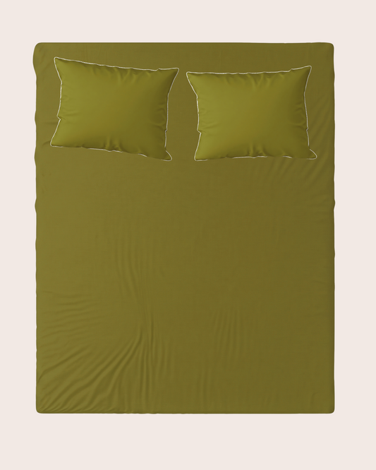 Olive green bedding set including a fitted sheet and two matching pillowcases, displayed flat against a light beige background.