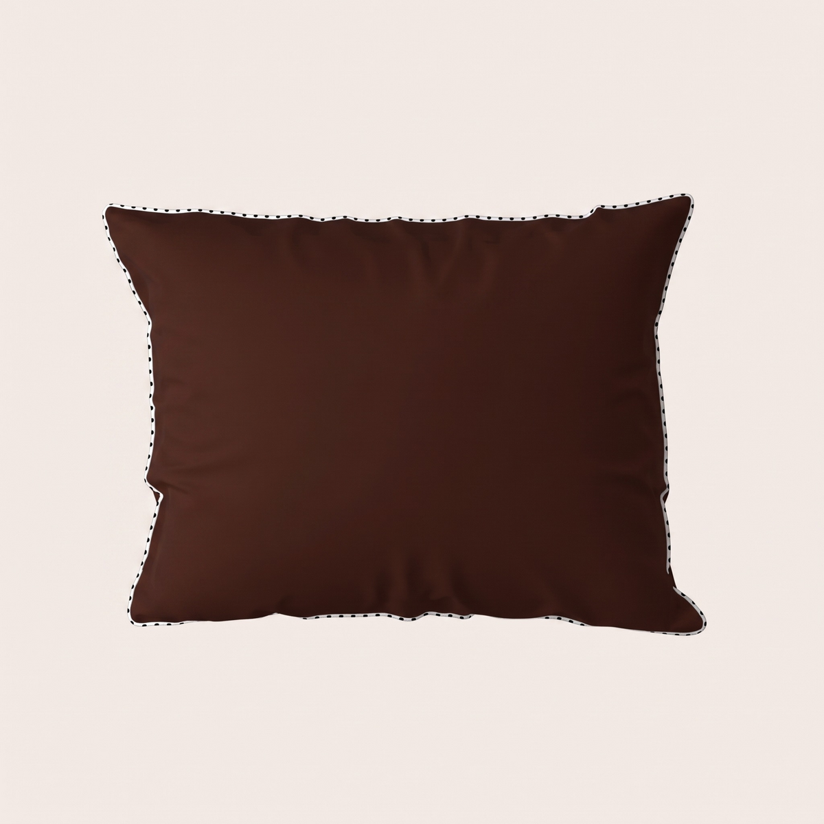 A dark brown rectangular throw pillow with black embroidered trim along the edges, shown against a solid light beige background.